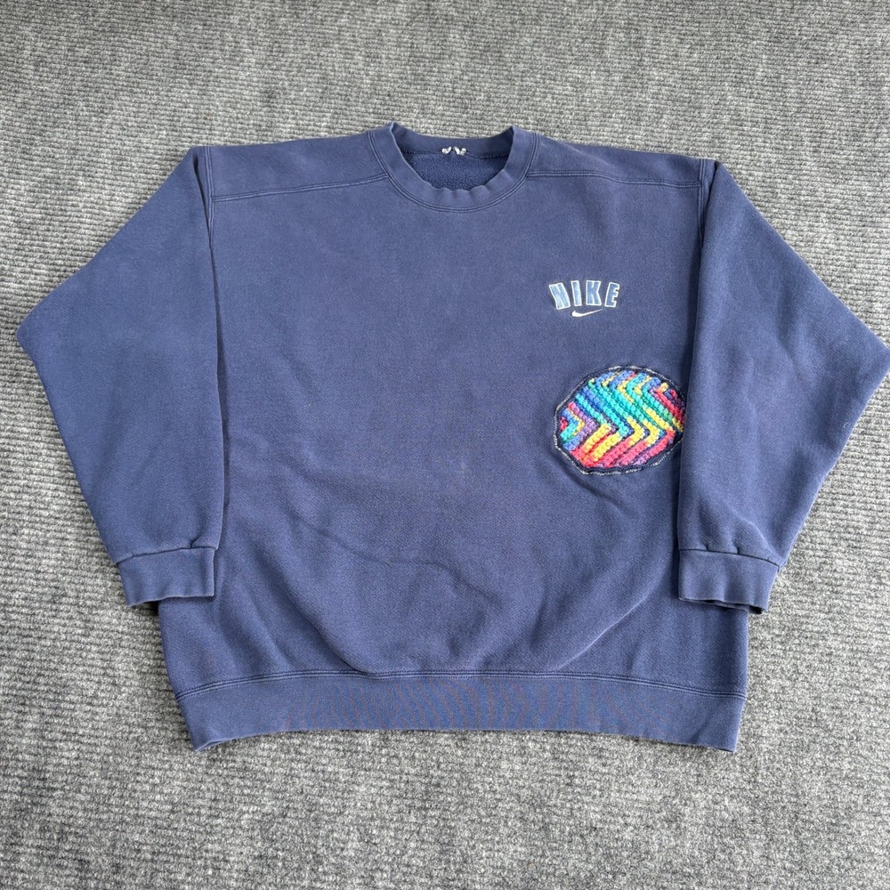 Nike Vintage Crewneck Sweatshirt Navy Blue Rainbow Crochet Patch Mens XL 3211 - Picture 1 of 6